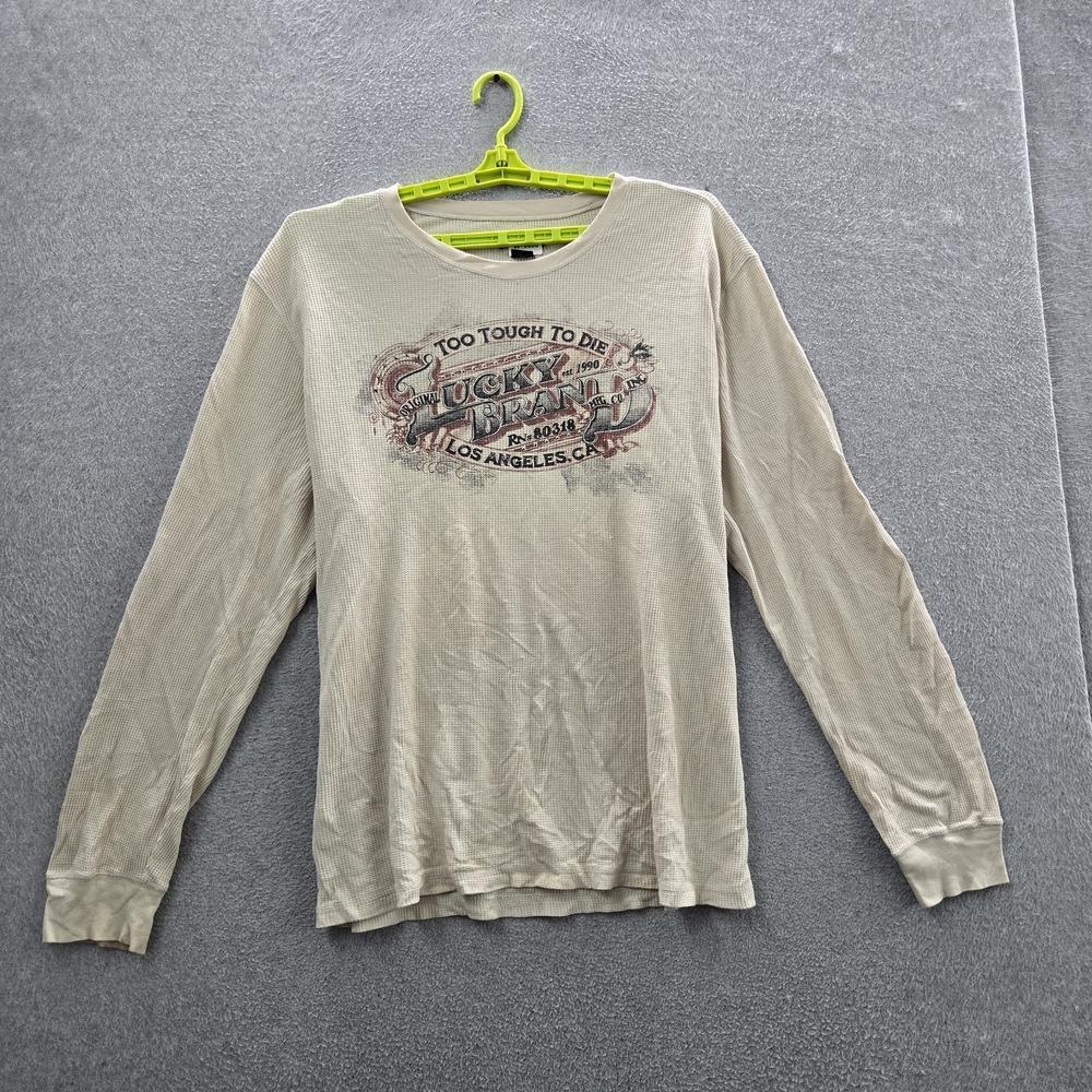Lucky Brand Men Shirt XXL Beige Graphic Thermal Shirt Grunge Print Long Sleeve